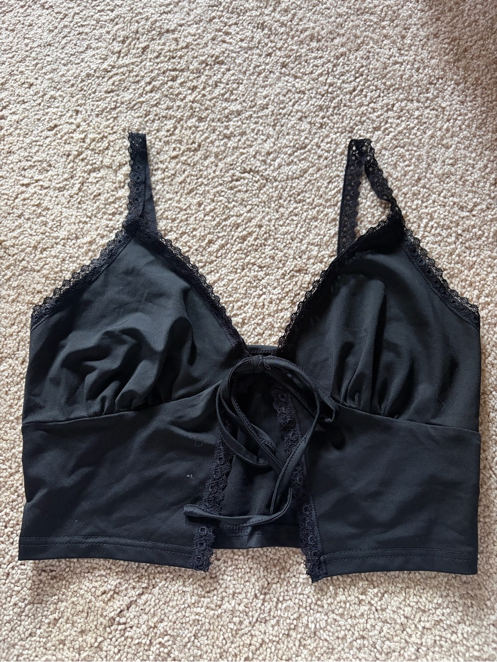 SHEIN Black Lace-Trim Tie-Front Bralette Top